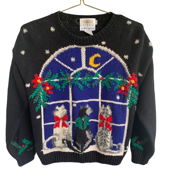 Talbots Knitted by Hand Christmas Holiday Sweater Petite Medium Cats - Picture 1 of 6